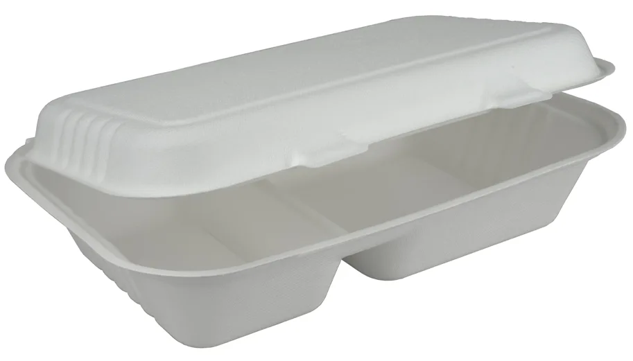 Boîte à menu en bagasse, blanc, deux compartiments, 470/300ml