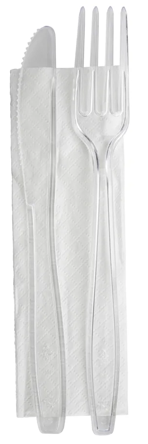 Ensemble de couverts en PS, transparent, fourchette, couteau et serviette