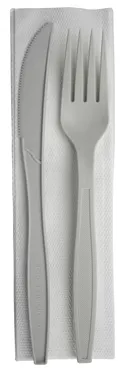Besteck-Set aus Stärke, weiss, 3-teilig, Gabel, Messer, Serviette