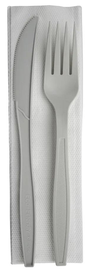 Besteck-Set aus PLA, weiss, 3-teilig, Gabel, Messer, Serviette