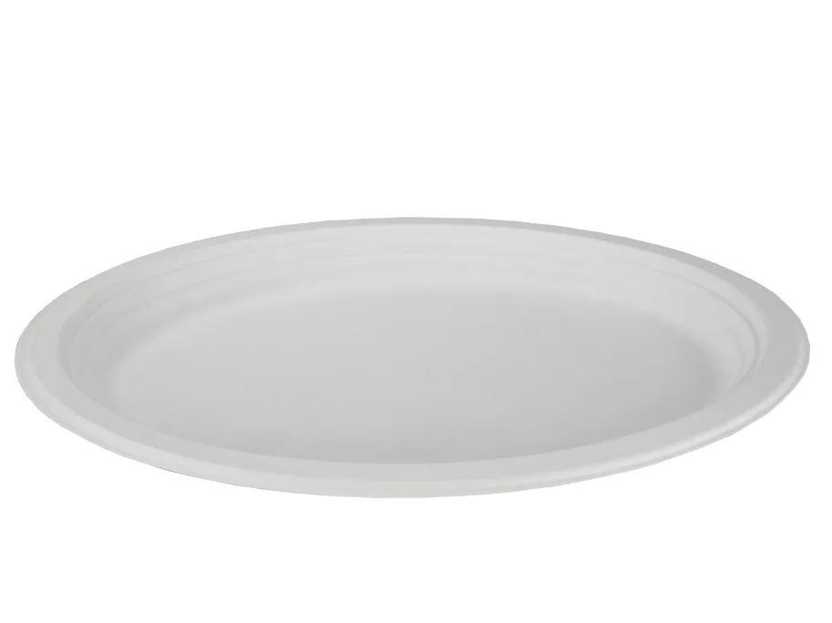 Einweg Teller aus Bagasse, weiss, oval, 31 x 25 cm