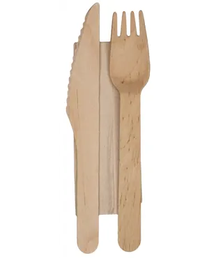 Set de couverts en bois: couteau, fourchette et serviette