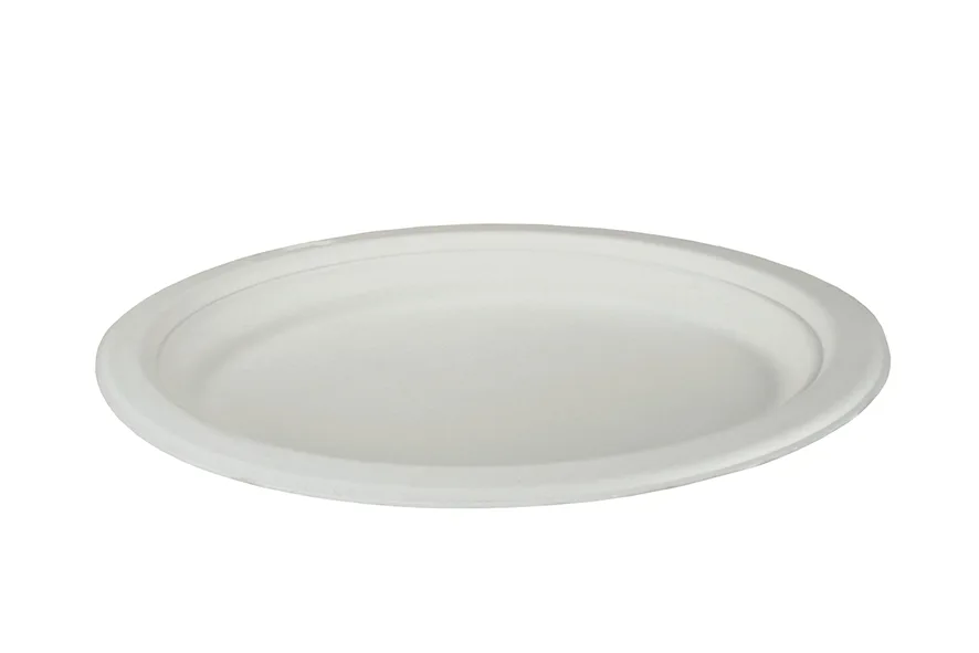 Einweg Teller aus Bagasse, weiss, oval, 26 x 19 cm